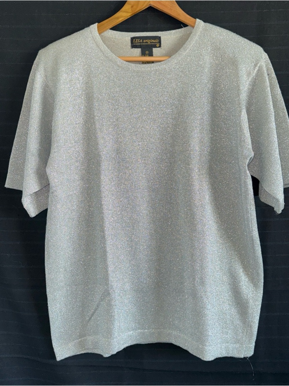 Lisa Originals Silver Sparkle Short Sleeve Crew Neck Shirt Knit Nylon Blend M